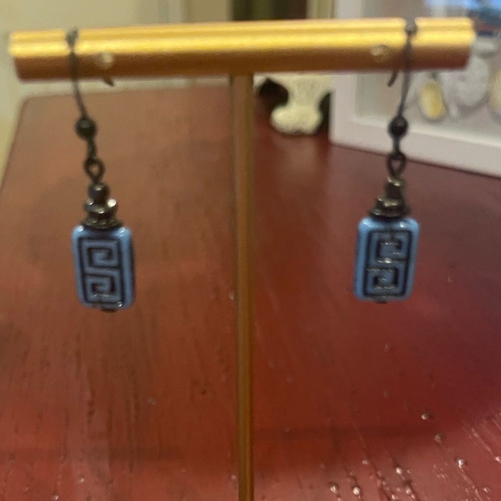 HandCrafted Artisan Earrings Blue Czech Glass Copper Greek Key Rustic Boho# 173  - Picture 5 of 7